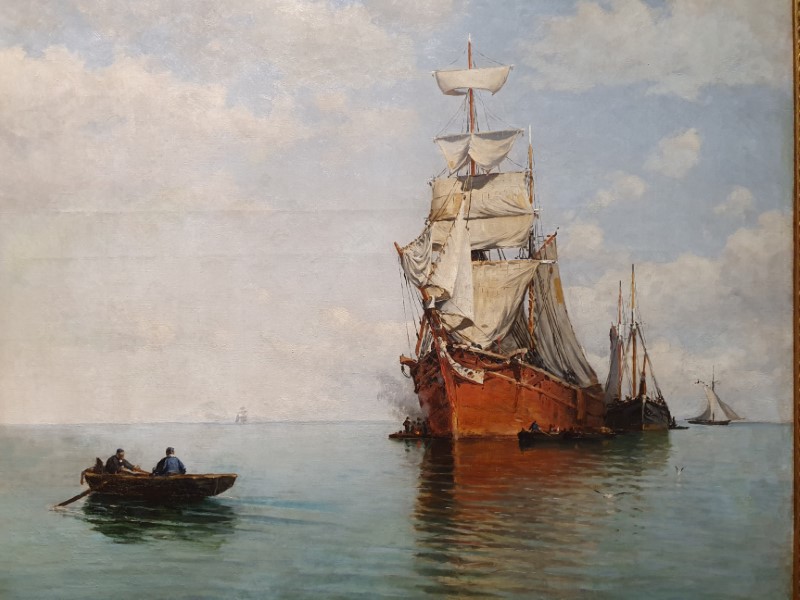 Detail van maritiem schilderij met tallships en een sloep